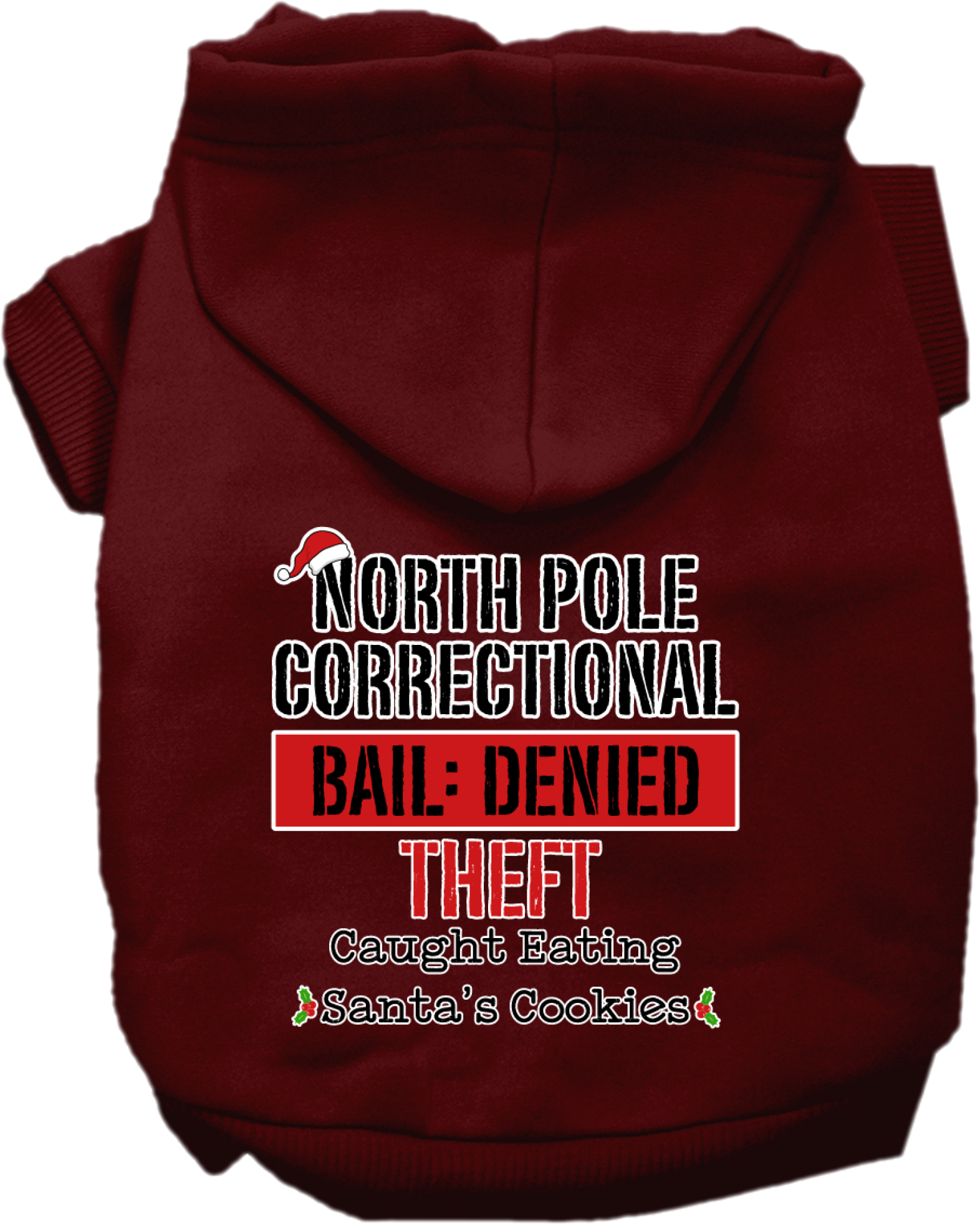 North Pole Correctional Screen Print Dog Hoodie Maroon Size XS